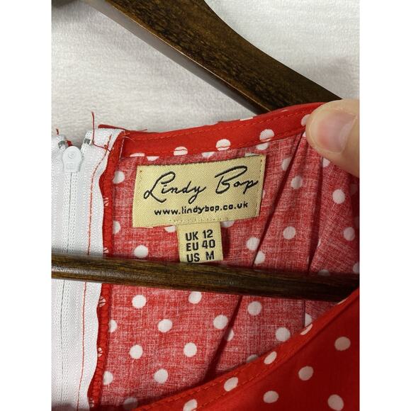 Lindy Bop Dress Sz M Red Polka Dot Retro 50's Swing Belted Whimsy Pin Up Girl - Picture 3 of 9
